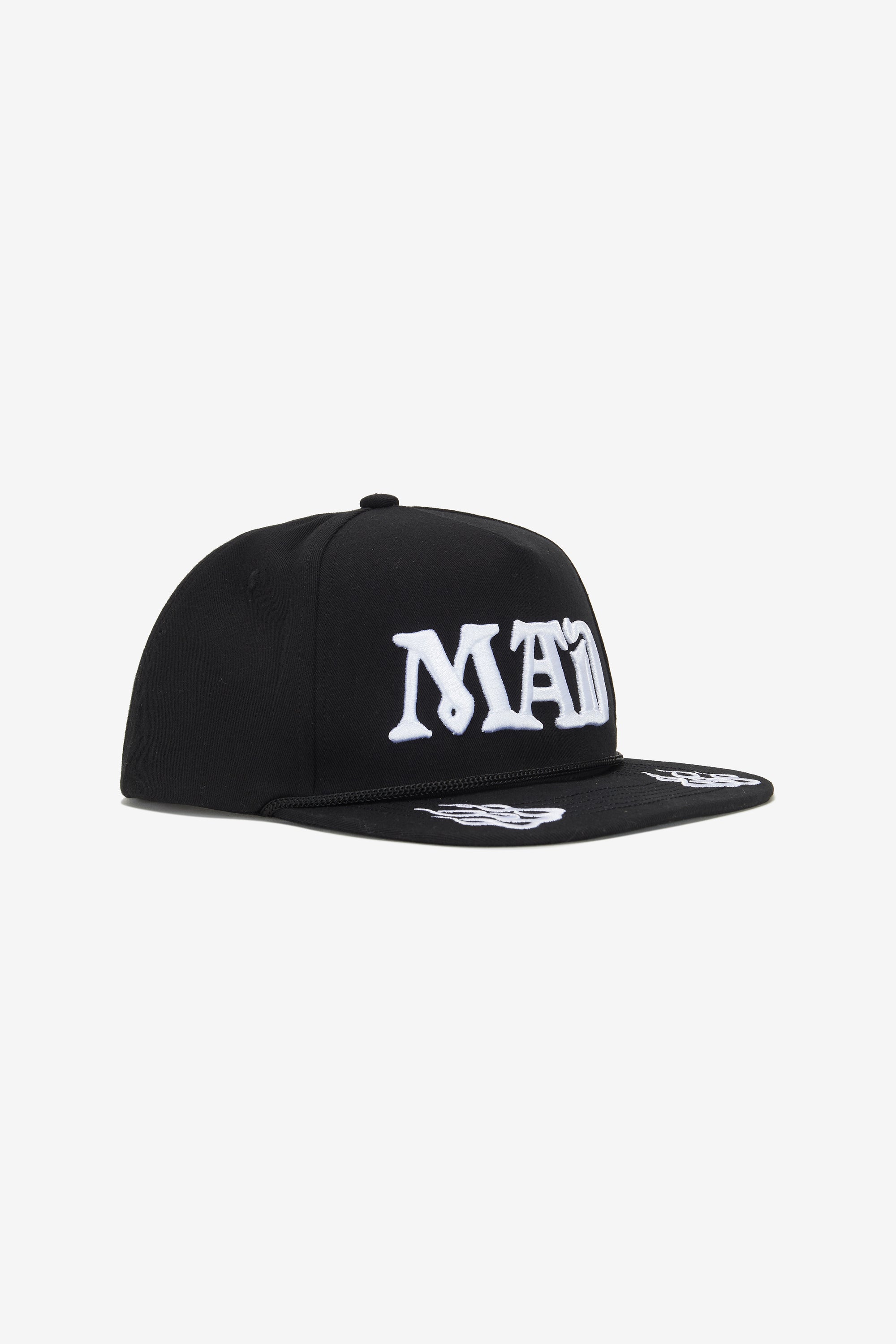 Embroidered flame graphics in contrast white on the peak of the MAD.HAT