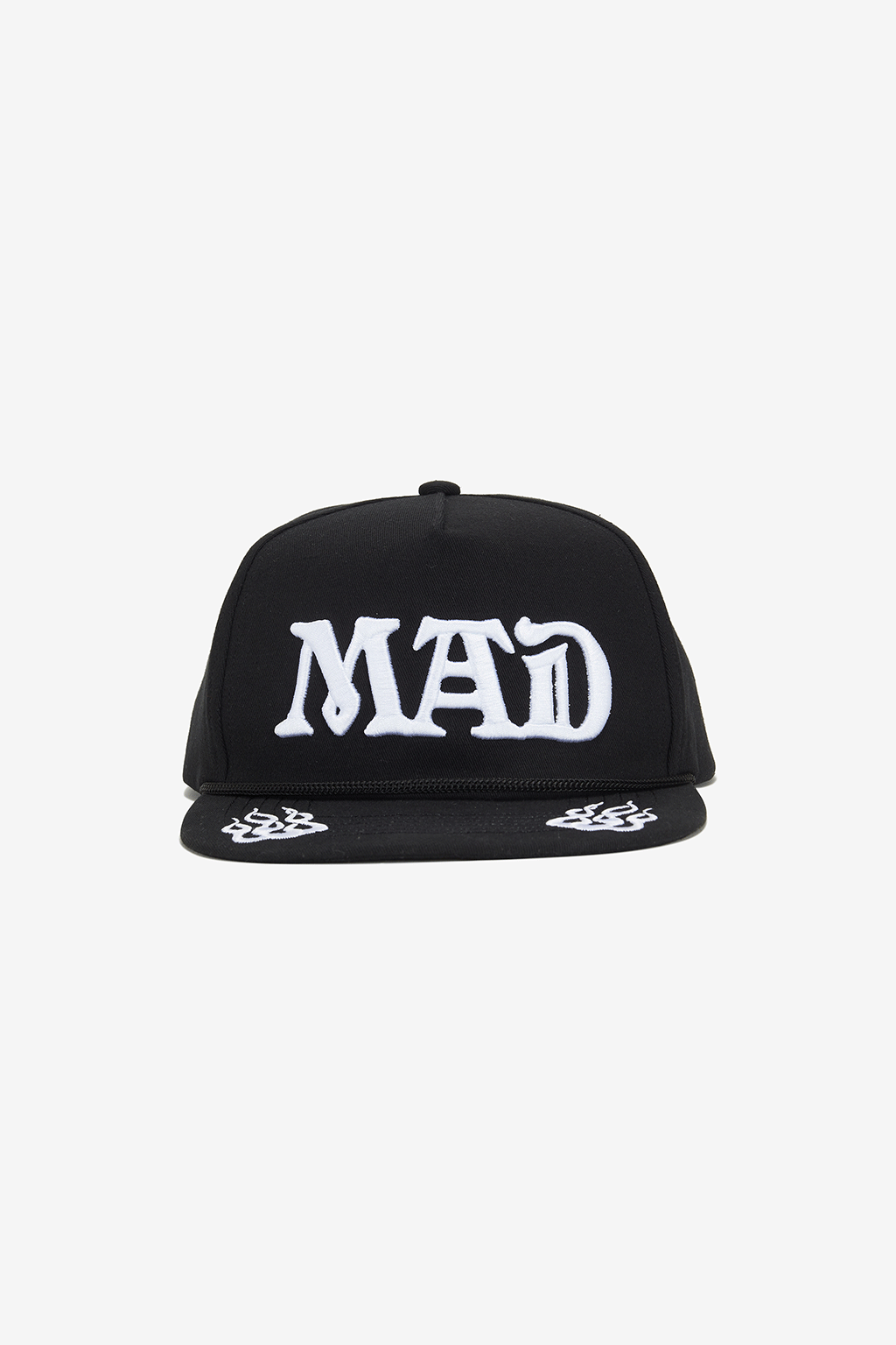 MAD.HAT in black — 360 degree view of the flame embroidered snapback cap