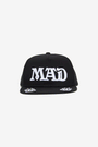MAD.HAT in black — 360 degree view of the flame embroidered snapback cap